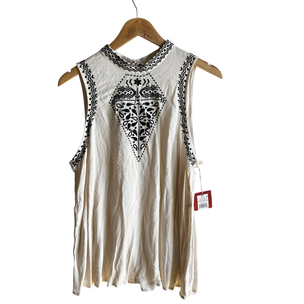 Mossimo Tunic Top Cream/Black Embroidered‎ Bohemian Festival Casual XXL NWT